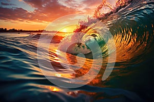 Colorful Sunset Barrel Wave for Surfing