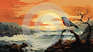 Colorful Sunset With Bird: Tristan Eaton Style Coastal Landscape Illustration