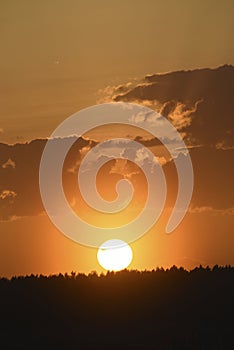 Colorful sunset in the evening. The setting disk of the sun over the forest. Clouds and a yellow sunset