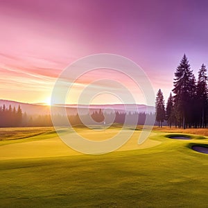 Colorful sunset on the golf course - sunrise in the mountains