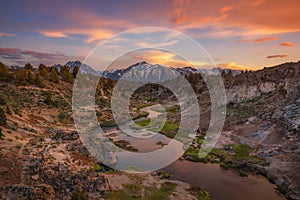 Colorful sunset at Hot Creek in Mammoth Lakes, California