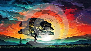 Colorful Sunset Illustration With Lone Tree And Elaborate Landscapes