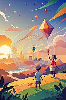 Colorful Sunset Kite Flying Over Cityscape with Children