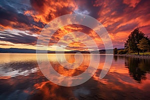 Colorful sunset on the lake. Dramatic and picturesque scene, Bright sunset over lake Geneva, Switzerland, golden clouds reflect in