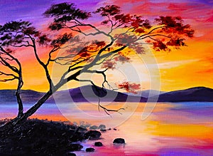 Colorful sunset on the lake, oil painting, art watercolor