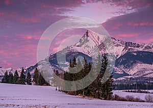 Colorful sunset on a mountain meadow with a massive iconic peak Krivan with a pink sky.