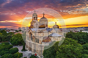 Aerial view of The Cathedral of the Assumption in Varna, Bulgaria. Sunset photo