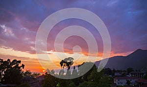 Colorful sunset over coastal town