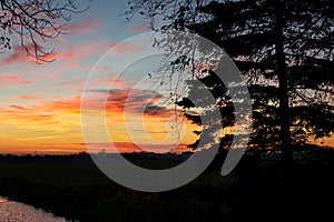 Colorful sunset over the dutch landscape near Gouda, Holland. A tree is silhouetted against the evening sky.