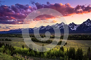 Colorful sunset over the Grand Tetons