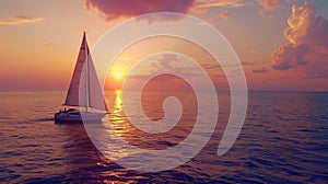 A colorful sunset over the horizon as a sailboat glides through the calm evening waters