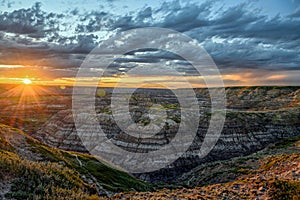 Colorful sunset over the Horsethief Canyon in the Red Deer River Valley, Canadian Badlands on the North Dinosaur Trail, Drumheller