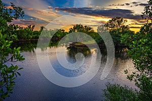 Colorful sunset over a lake in Everglades National Park, Florida