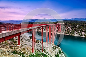 Colorful Sunset Over Maslenica Bridge in Dalmatia, Croatia