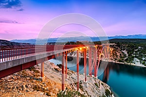 Colorful Sunset Over Maslenica Bridge in Dalmatia, Croatia