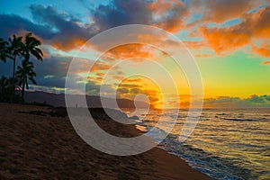 Colorful sunset over ocean at Haleiwa, Hawaii, Oahu island