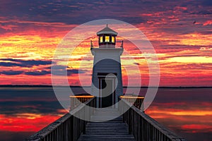 Dramatic sunset over scenic lighthouse photo
