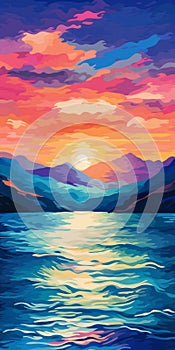 Colorful Sunset Over Water: A Digital Watercolor Painting Inspired By Fauvist Color Theory