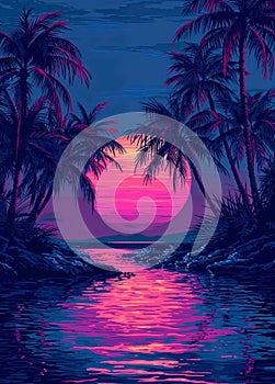 colorful sunset painting with palm tree in pink, blue and magenta in the style of retro synthwave art.