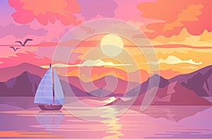 Colorful sunset scene with sailboat and birds