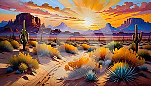 Colorful sunset Southwest desert calm cliff formation