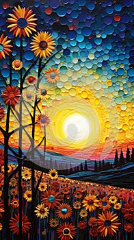 Colorful Sunset In A Sunflower Field: A Luminous Landscape Painting