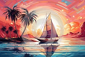 Colorful sunset on the tropical island. Beautiful ocean beach with palms and yacht illustration. Summer traveling and holiday.