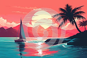 Colorful sunset on the tropical island. Beautiful ocean beach with palms and yacht illustration. Summer traveling and holiday.