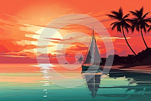 Colorful sunset on the tropical island. Beautiful ocean beach with palms and yacht illustration. Summer traveling and holiday.