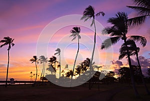 Colorful sunset at Waikiki beach in Hawaii, USA.