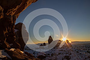 Colorful sunset in Winter at Arches National Park