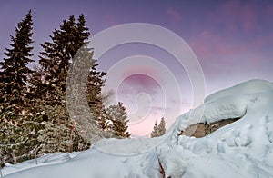 Colorful sunset in the winter forest. Beautiful winter landscape in the mountains. Sunrise.