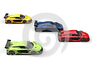 Colorful super race cars - top down view