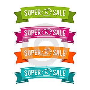 Colorful super sale ribbons on white background