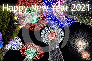 Colorful of Super tree garden with lights bulb at night with Fireworks background. Happy new year concept