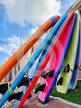 Colorful surf boards on display at a beach in Israel