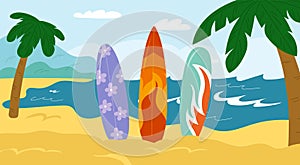 Colorful surfboards on beach. Summer sea sport and extreme hobby. Patterned wooden boards. Catching water waves