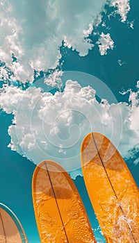 Colorful surfboards under clear blue sky, representing a summer vacation concept by the sea