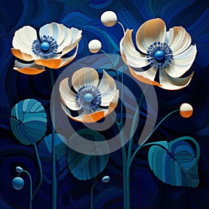 Colorful Surrealistic Flower Art On Blue Background