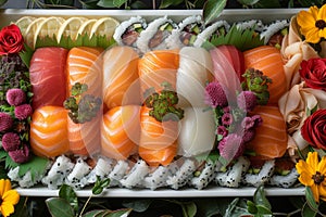 Colorful sushi creation featuring various sushi types, framed by artful garnishes.. AI generated.