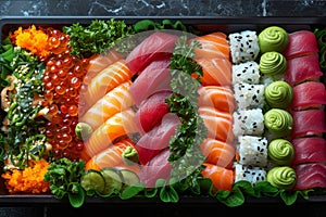 Colorful sushi creation featuring various sushi types, framed by artful garnishes.. AI generated.
