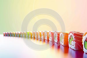 Colorful Sushi Platter on Gradient Background, Culinary Art Concept