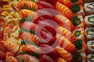 Colorful sushi platter with a variety of flavors, AI-generated.