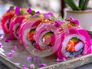 Colorful Sushi Roll Platter with Pink Wraps, Sesame Seeds, and Fresh Vegetables, Japanese Cuisine on Trendy Background