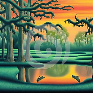 Colorful swamp landscape at sunset AI art