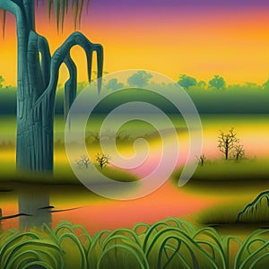 Colorful swamp landscape at sunset AI art