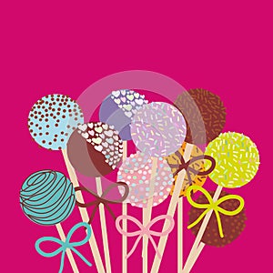 Colorful Sweet Cake pops set with bow on dark pink background. Vector