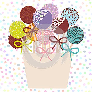 Colorful Sweet Cake pops set with bow in a pink bucket isolated on white abstract geometric retro polka dot background. Vector