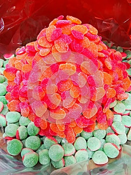 Colorful sweet candies in cellophane