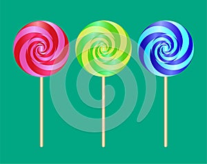 Colorful sweet lollipop. Vector illustration with candy on green